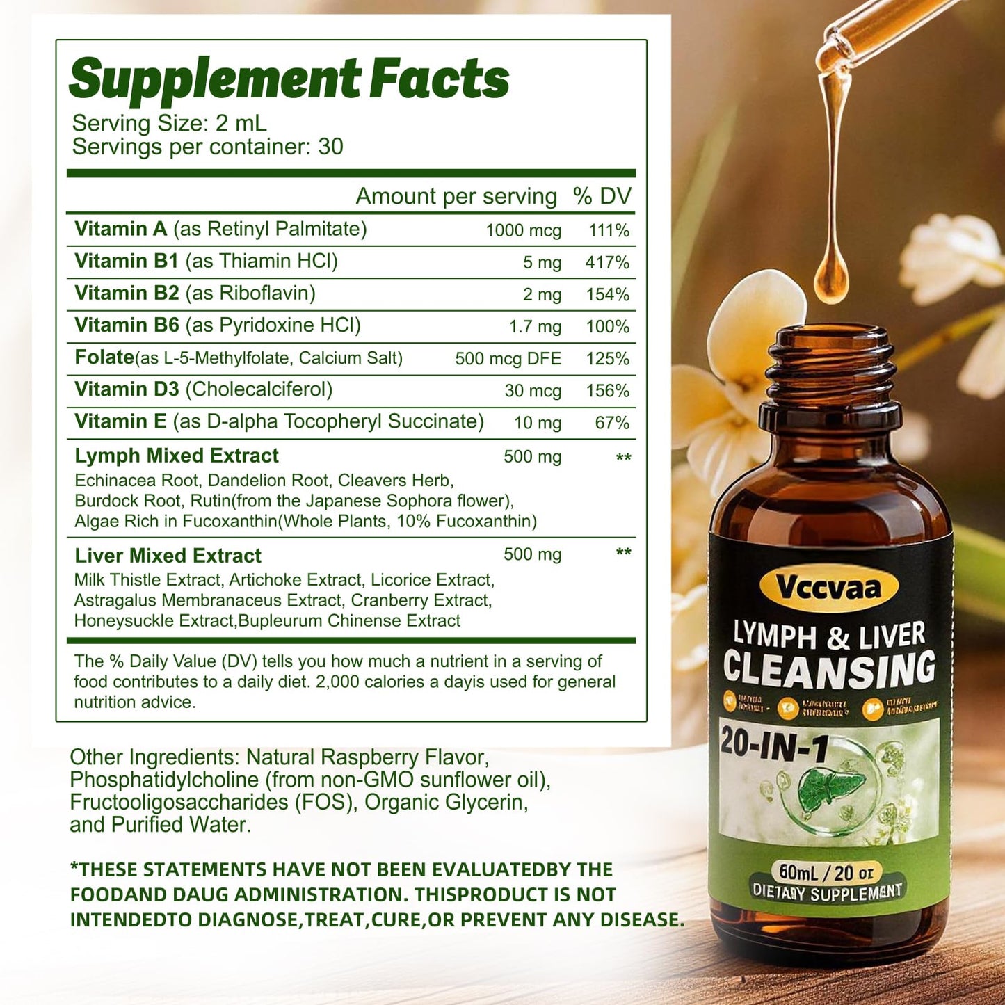 Vccvaa Lymph & Liver Cleanse - 20-in-1 Lymphatic Drainage & Liver Detox Supplement with Milk Thistle, Echinacea, Fucoxanthin - 60mL Liquid Formula for Immune & Digestive Support Vccvaa buy supplements Au