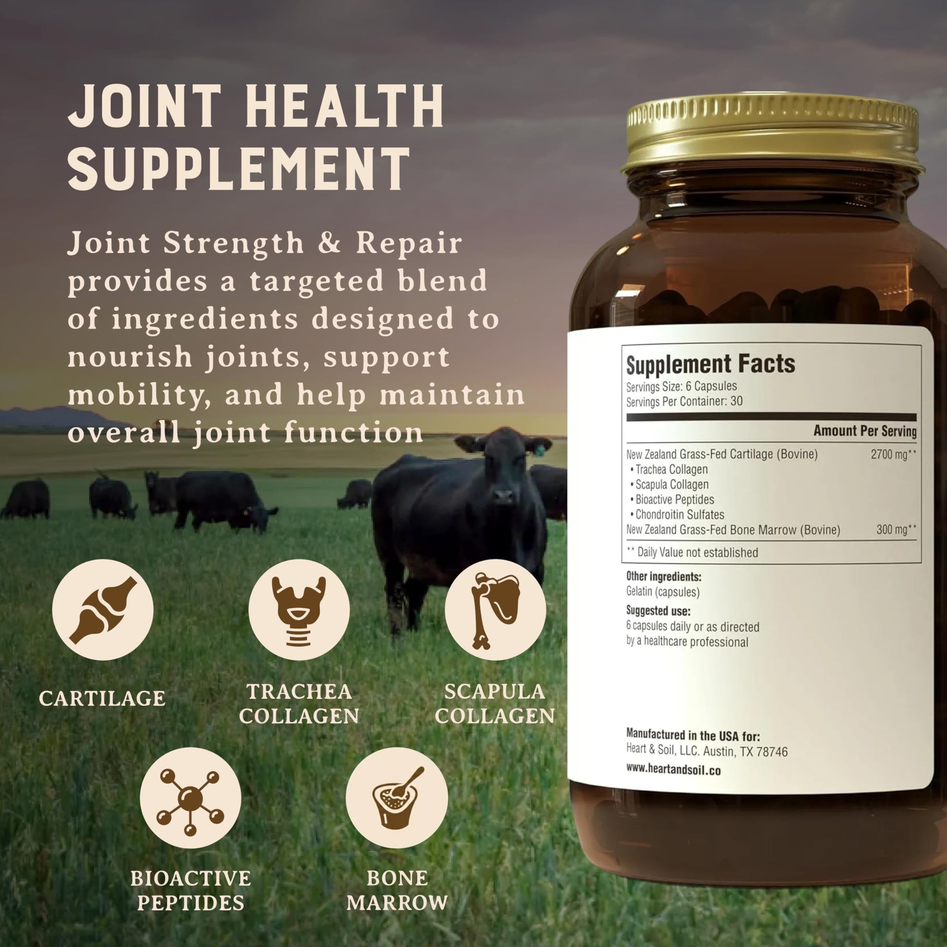 Heart & Soil 100% Grass Fed & Finished Joint Support Supplement from Regenerative Cattle with Trachea, Scapula & Bone Marrow – Supports Joint Strength & Mobility – 3000mg – Glass Bottle – 180 Capsules HEART & SOILBuy Supplements Australia