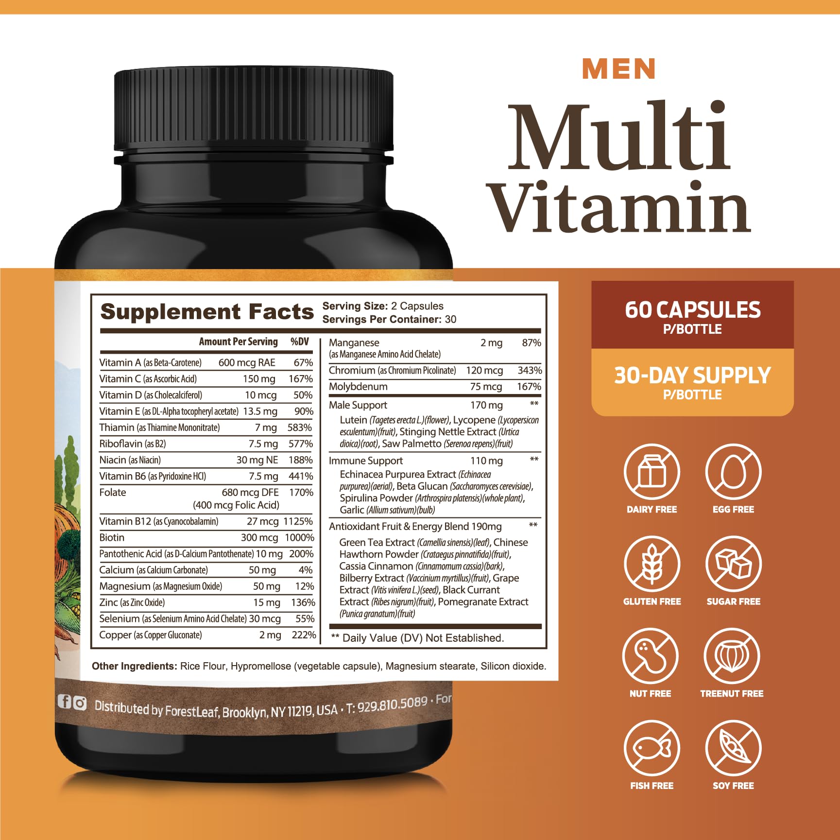 ForestLeaf Daily Vitamin Multivitamin for Men, Multi-Vitamin for Men - Mens Multivitamins & Multiminerals Supplement | All Essential Vitamins Needed for Health, Longevity & Energy | 60 Veg Caps ForestLeaf buy supplements Au