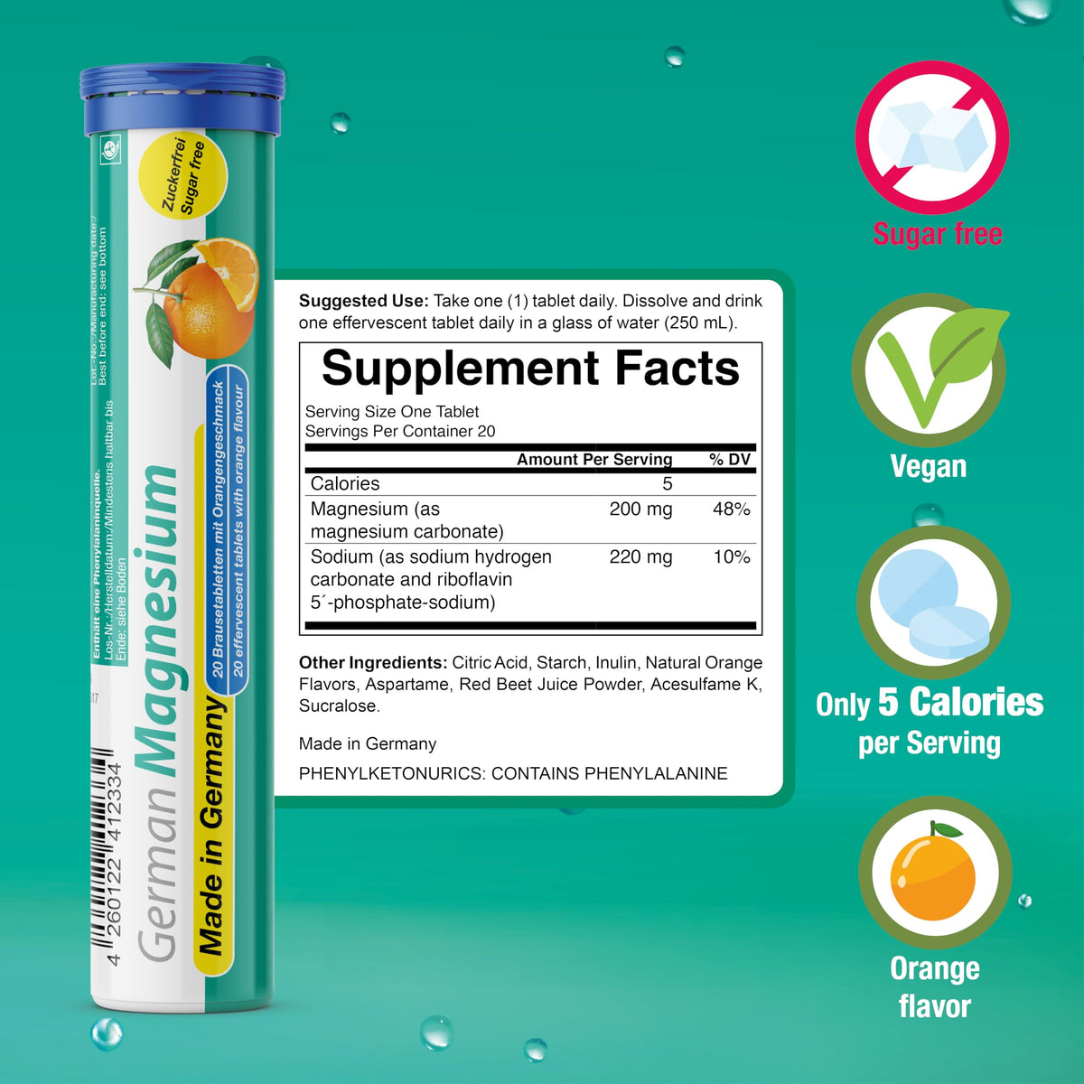 German Magnesium Oxide Supplement | Effervescent Tablets | Orange Flavor – 200 mg Magnesium per Serving | Sugar Free, Vegan – T&D Pharma – Made in Germany T&D buy supplements Au