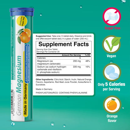 German Magnesium Oxide Supplement | Effervescent Tablets | Orange Flavor – 200 mg Magnesium per Serving | Sugar Free, Vegan – T&D Pharma – Made in Germany T&D buy supplements Au