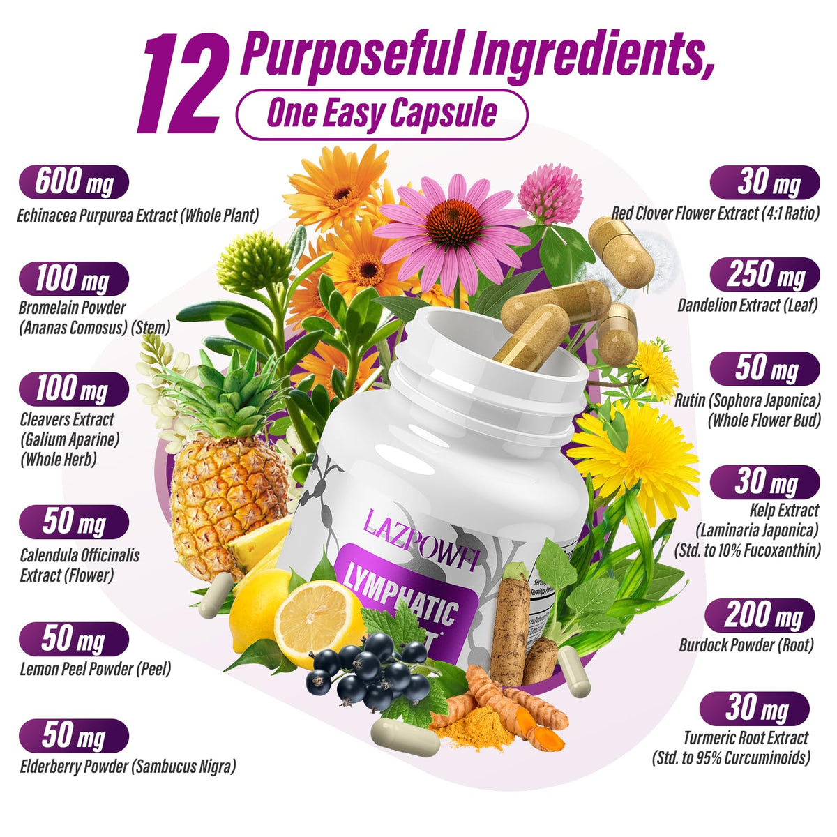 Lazpowfi Lymphatic Drainage Supplements, 1540mg Lymph System Support Supplement for Women & Men with Dandelion, Burdock, Echinacea,Rutin, Turmeric,Cleavers & More, 60 Capsules Lazpowfi buy supplements Au