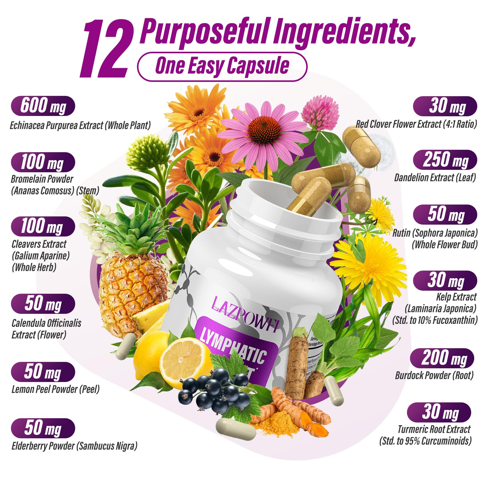 Lazpowfi Lymphatic Drainage Supplements, 1540mg Lymph System Support Supplement for Women & Men with Dandelion, Burdock, Echinacea,Rutin, Turmeric,Cleavers & More, 60 Capsules Lazpowfi buy supplements Au