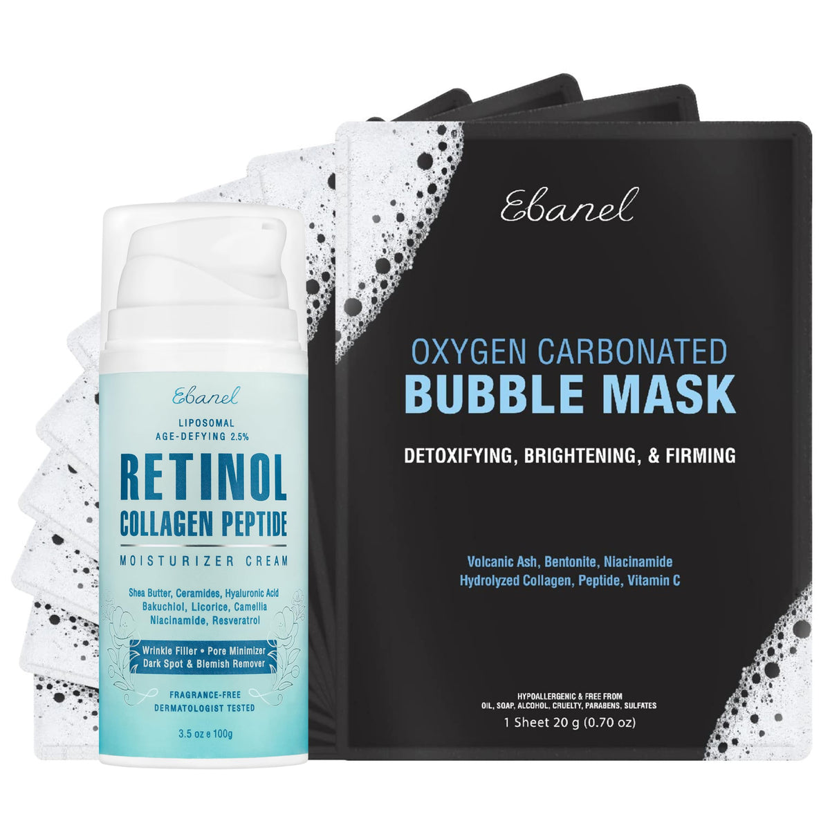 Ebanel Bundle of 10 Pack Bubble Clay Masks, and 2.5% Retinol Moisturizer