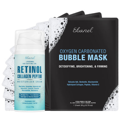 Ebanel Bundle of 10 Pack Bubble Clay Masks, and 2.5% Retinol Moisturizer