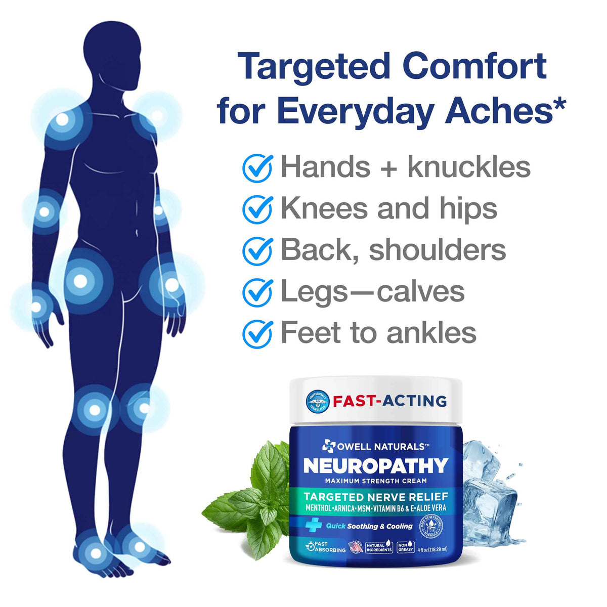 Owell Naturals Neuropathy Cream Extra Strength – Fast Absorbing Cooling for Leg, Feet & Hands – Advanced Soothing Formula with Aloe Vera, Arnica, MSM & Vitamin B6 – Made in USA, 2 fl oz