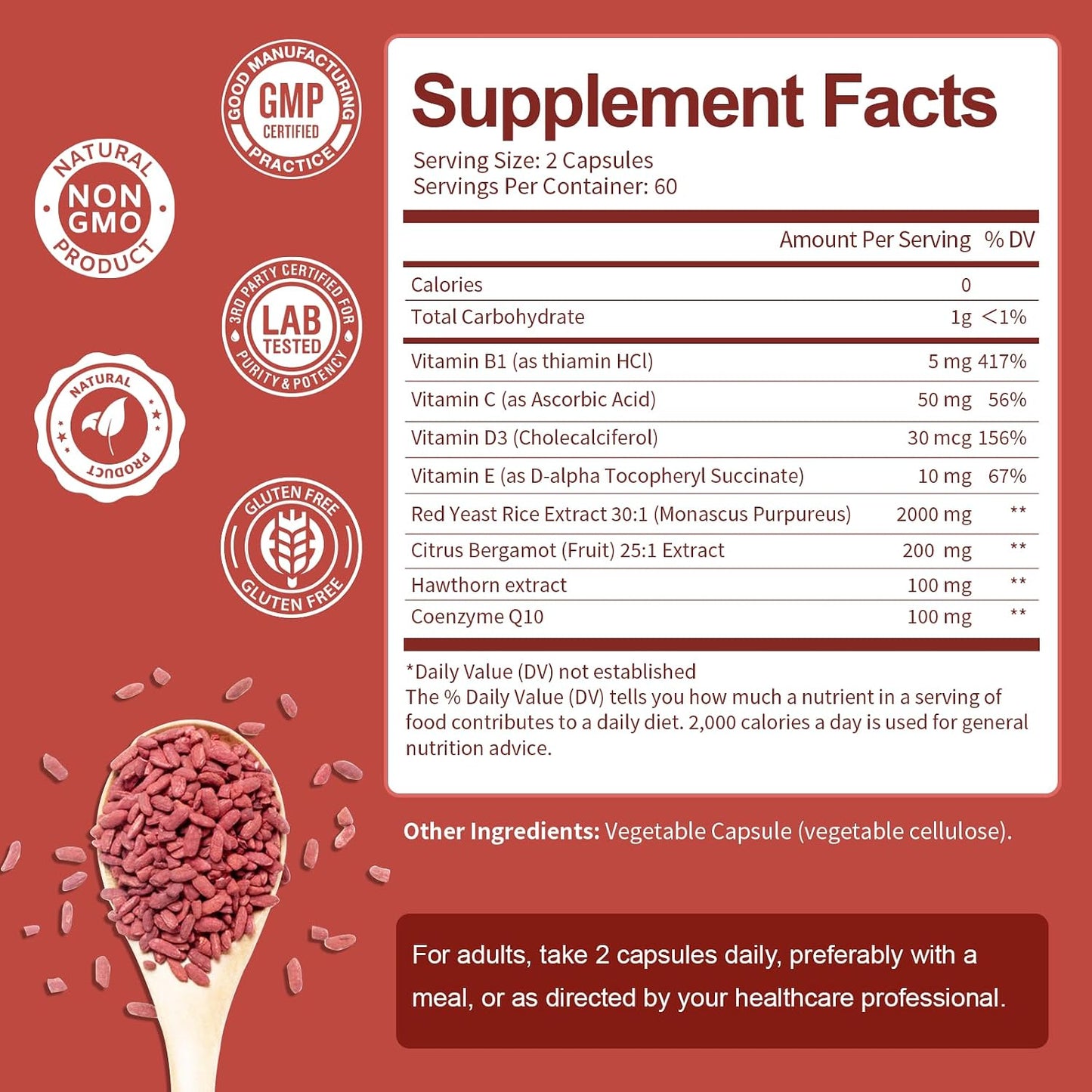 Totaria Red Yeast Rice 2,000mg with CoQ10 Supplement - Advanced Healthy Heart & Healthy Cholesterol Levels - Citrinin Free Extract Red Yeast Rice Capsules Plus Citrus Bergamot - Vegan, Non-GMO