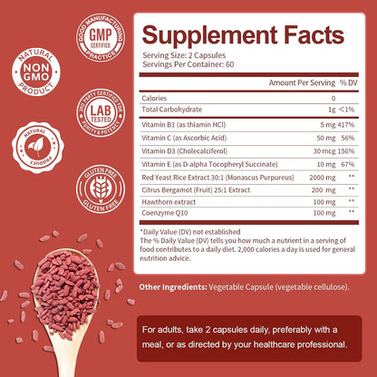 Totaria Red Yeast Rice 2,000mg with CoQ10 Supplement - Advanced Healthy Heart & Healthy Cholesterol Levels - Citrinin Free Extract Red Yeast Rice Capsules Plus Citrus Bergamot - Vegan, Non-GMO