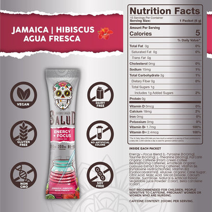 Salud 2-Pack | 2-in-1 Energy + Focus (Strawberry Margarita) & Energy + Focus (Hibiscus) – 15 Servings Each, Agua Fresca Drink Mix, Non-GMO, Gluten Free, Vegan, Low Calorie, 1g of Sugar
