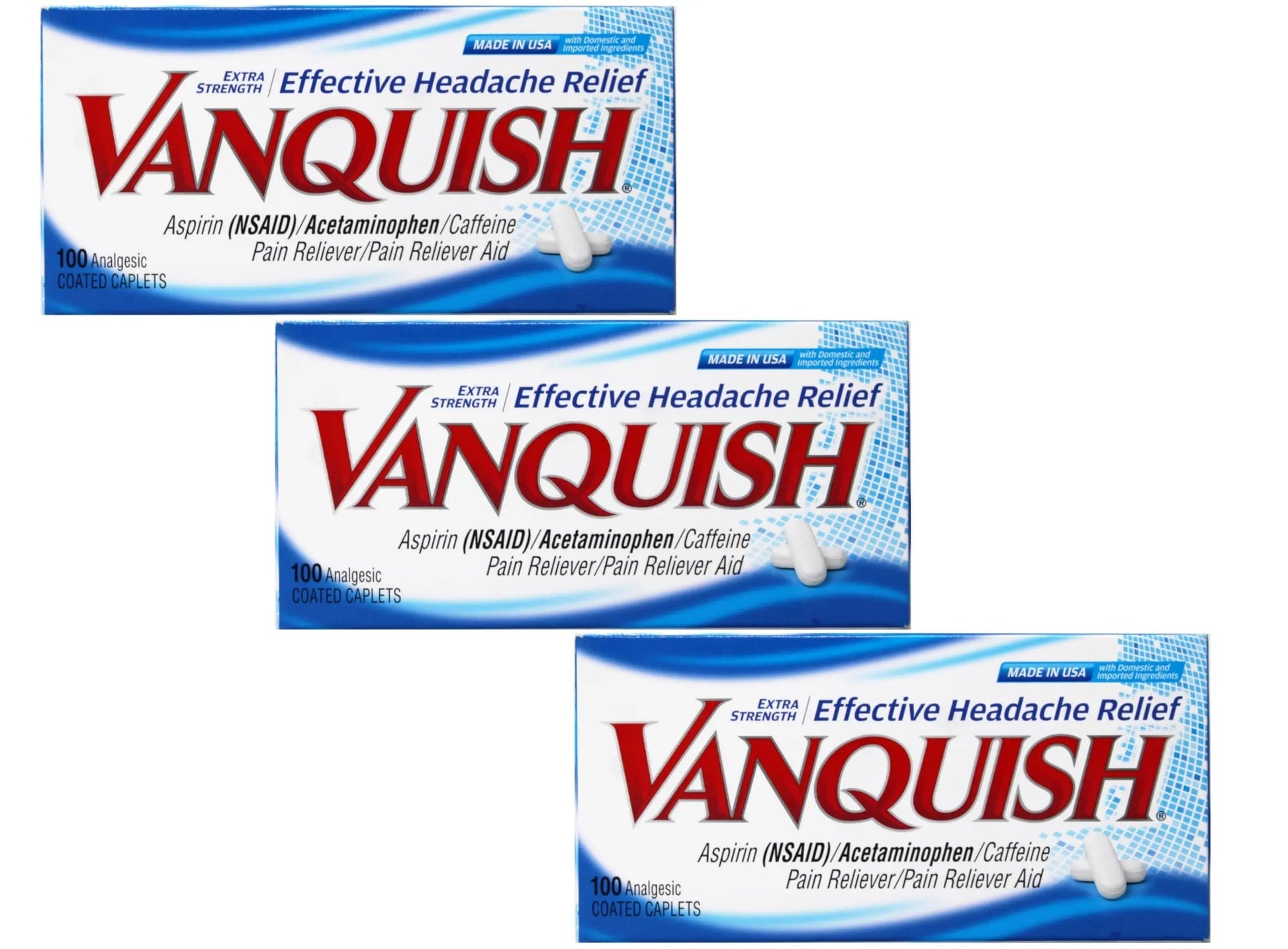 Vanquish Effective Headache Relief – Aspirin (NSAID), Acetaminophen, Caffeine, 100 Analgesic Coated Caplets - 3 Pack VanquishBuy Supplements Australia