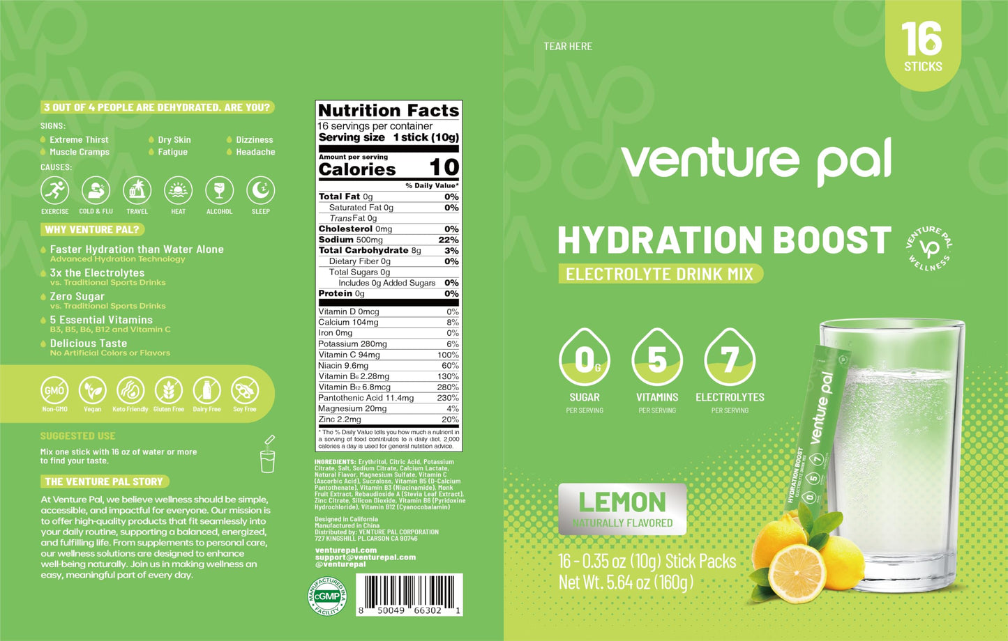 Venture Pal Sugar Free Electrolyte Powder, Liquid Daily IV Hydration Packet | 7 Electrolytes & 5 Vitamins, Electrolytes Dink Mix for Party Recovery & Instantly Hydration, Vegan, Keto-Friendly, 16 Sticks