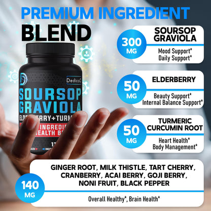 DEDICAD 11in1 Graviola Soursop Capsules for 5 Months Supply with Soursop Fruit, Elderberry, Turmeric, Ginger, Milk Thistle, Cranberry & More - Mood - 150 Vegan Capsules DEDICAD buy supplements Au