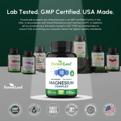 ForestLeaf Magnesium Complex for Women and Men - 500mg Magnesium Supplement for Sleep - 5-in-1 Chelated Magnesium Citrate, Bisglycinate, Malate, Taurate, Oxide (120 Ct) ForestLeaf buy supplements Au