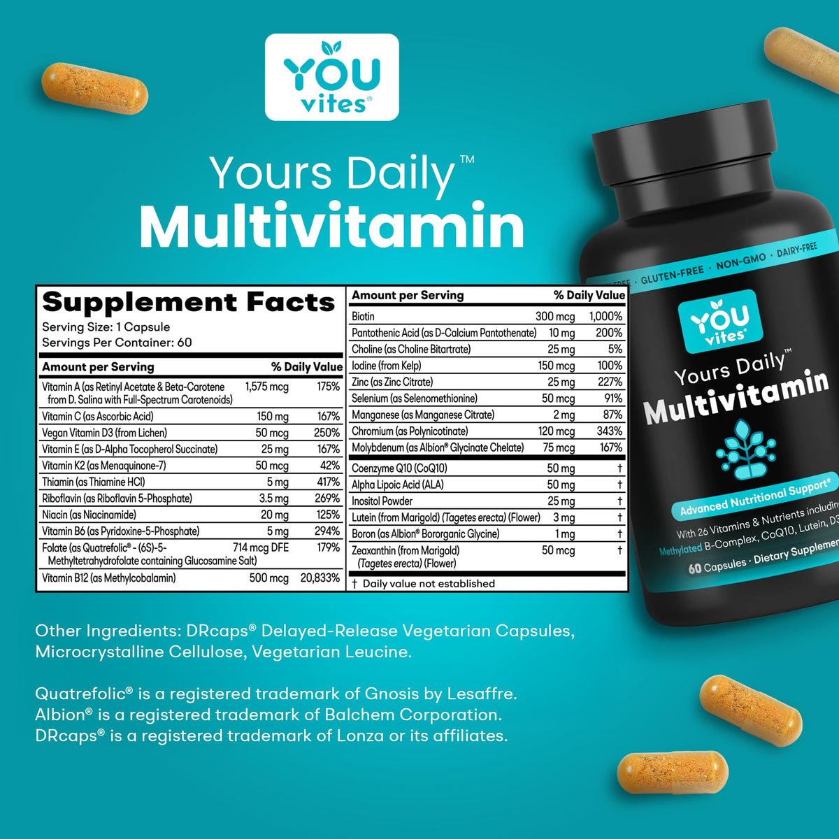 You Vites - Methylated Multivitamin for Men and Women, Methyl Multi Without Iron - 60 Capsules, MTHFR Supplement with Methyl B12, Methylfolate (5-MTHF), CoQ10 for Energy, Heart and Mood Support You Vites buy supplements Au