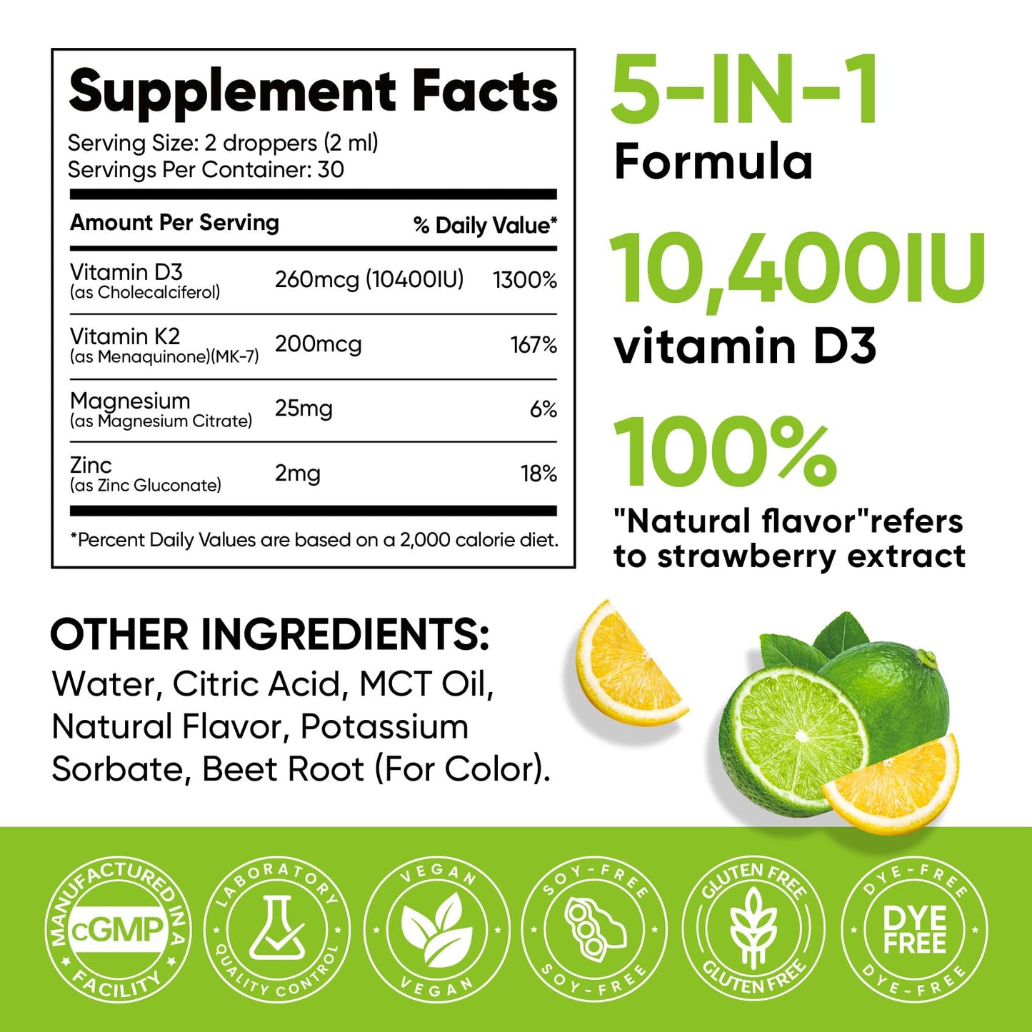 5-in-1 Vitamin D3 K2 Drops, Vitamin D3 10400 IU & K2(MK-7) 200mcg | With Magnesium, MCT Oil, Zinc, Maximum Absorption Vitamin D Liquid for Bone, Mood & Immune - Sugar Free | 2 FL OZ | 60 Days