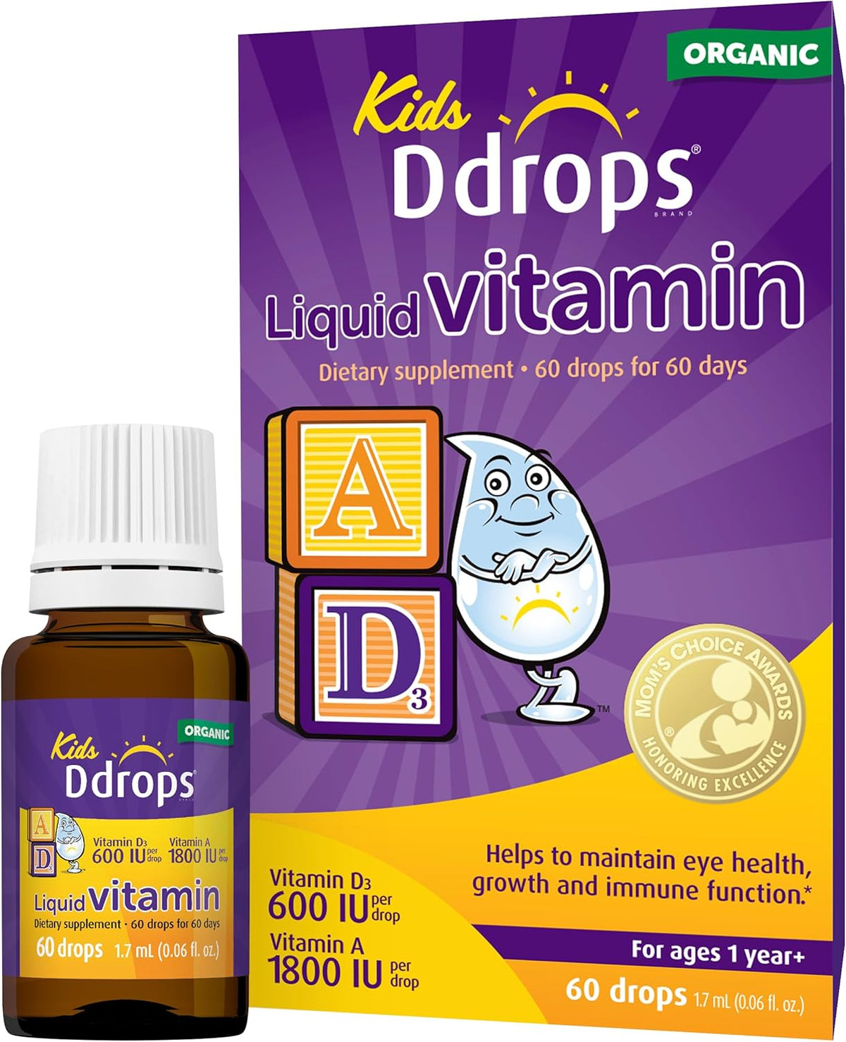 Ddrops® Kids Organic Liquid Vitamins – Daily Vitamins A&D Drops for Kids, 60 Drops. Supports Eye Health, Bone Development and Immune Function. Certified Organic, Non-GMOs, Allergy-Friendly