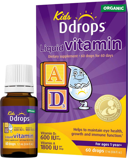 Ddrops® Kids Organic Liquid Vitamins – Daily Vitamins A&D Drops for Kids, 60 Drops. Supports Eye Health, Bone Development and Immune Function. Certified Organic, Non-GMOs, Allergy-Friendly