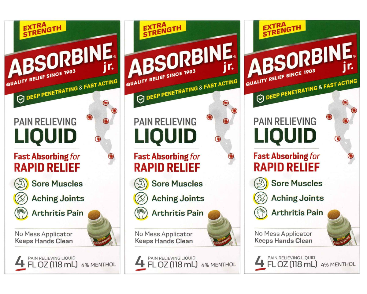 ABSORBINE JR. Extra Strength Pain Relieving Liquid, for Muscle, Joints, Arthritis Pain, with No-Mess Applicator, 4 Oz (Pack of 3)