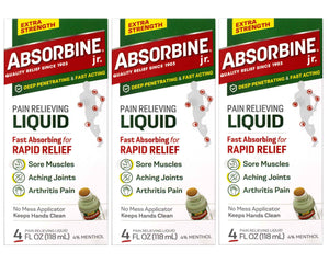 ABSORBINE JR. Extra Strength Pain Relieving Liquid, for Muscle, Joints, Arthritis Pain, with No-Mess Applicator, 4 Oz (Pack of 3)