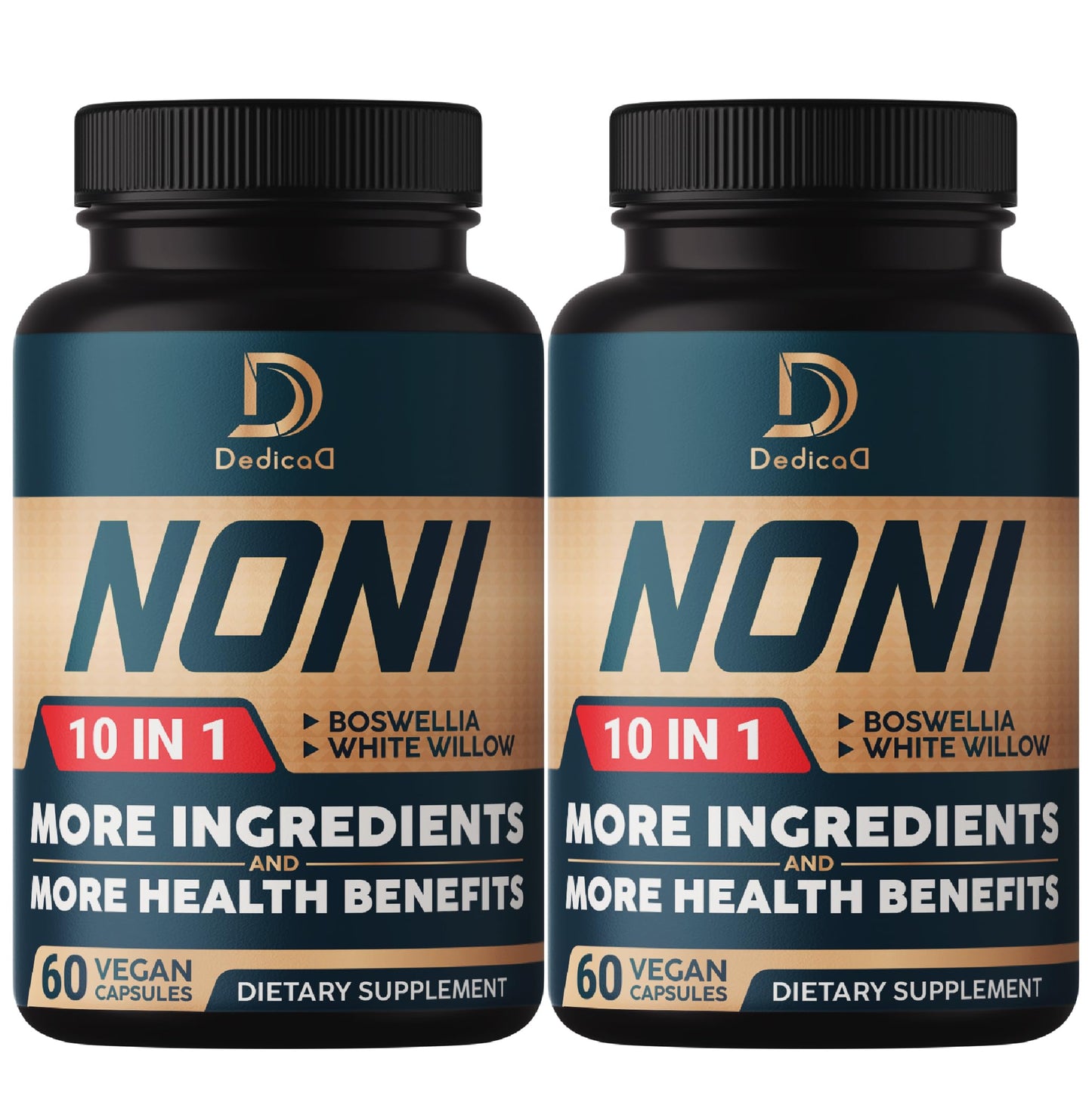 Two bottles of Dedica Noni dietary supplement on a white background
