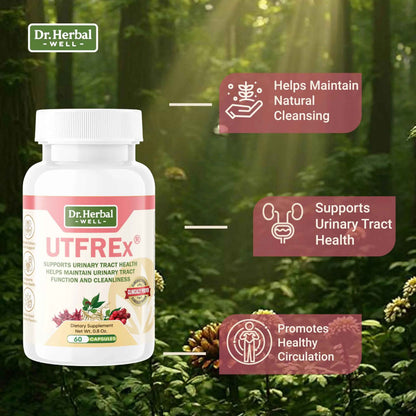 DR. HERBAL WELL UTFREX Clinically Proven Urinary Tract UTI Health Supplement Natural Support Cleanse Flush Protect (No Probiotics & D-Mannose) – 60 Capsules