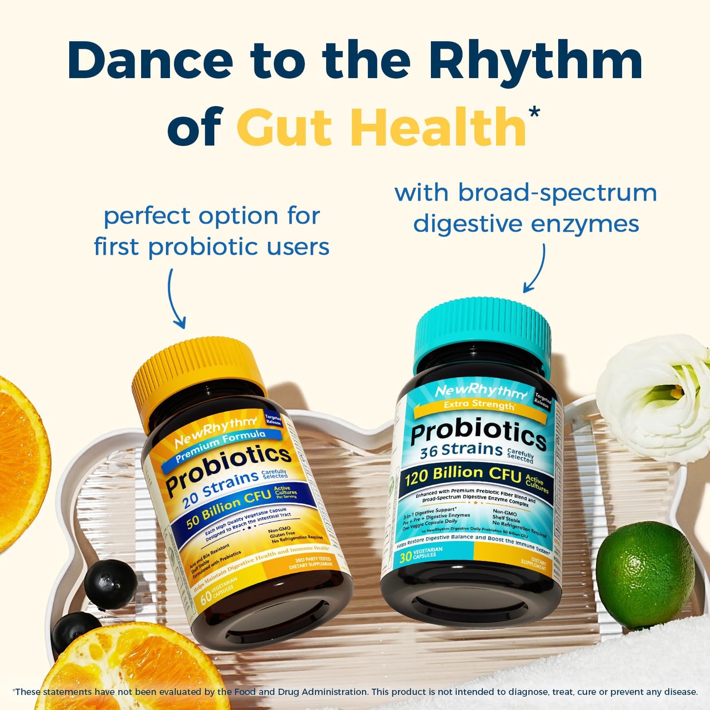 NewRhythm Probiotics 50 Billion CFU 20 Strains, 60 Veggie Capsules, Targeted Release Technology, Stomach Acid Resistant, No Need for Refrigeration, Non-GMO, Gluten Free