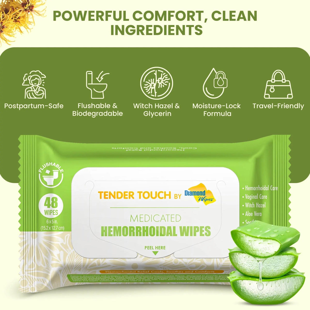 Tender Touch Hemorrhoid Wipes with Witch Hazel and Aloe, Flushable Medicated Wipes for Hemorrhoid and Vaginal Relief - Postpartum-Safe, Fragrance-free, Travel Size, 1 Pack, 48-ct. Diamond WipesBuy Supplements Australia
