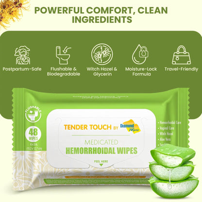 Tender Touch Hemorrhoid Wipes with Witch Hazel and Aloe, Flushable Medicated Wipes for Hemorrhoid and Vaginal Relief - Postpartum-Safe, Fragrance-free, Travel Size, 1 Pack, 48-ct. Diamond WipesBuy Supplements Australia