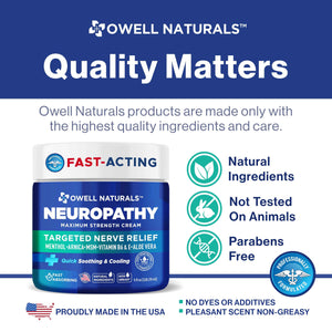 Owell Naturals Neuropathy Cream Extra Strength – Fast Absorbing Cooling for Leg, Feet & Hands – Advanced Soothing Formula with Aloe Vera, Arnica, MSM & Vitamin B6 – Made in USA, 2 fl oz