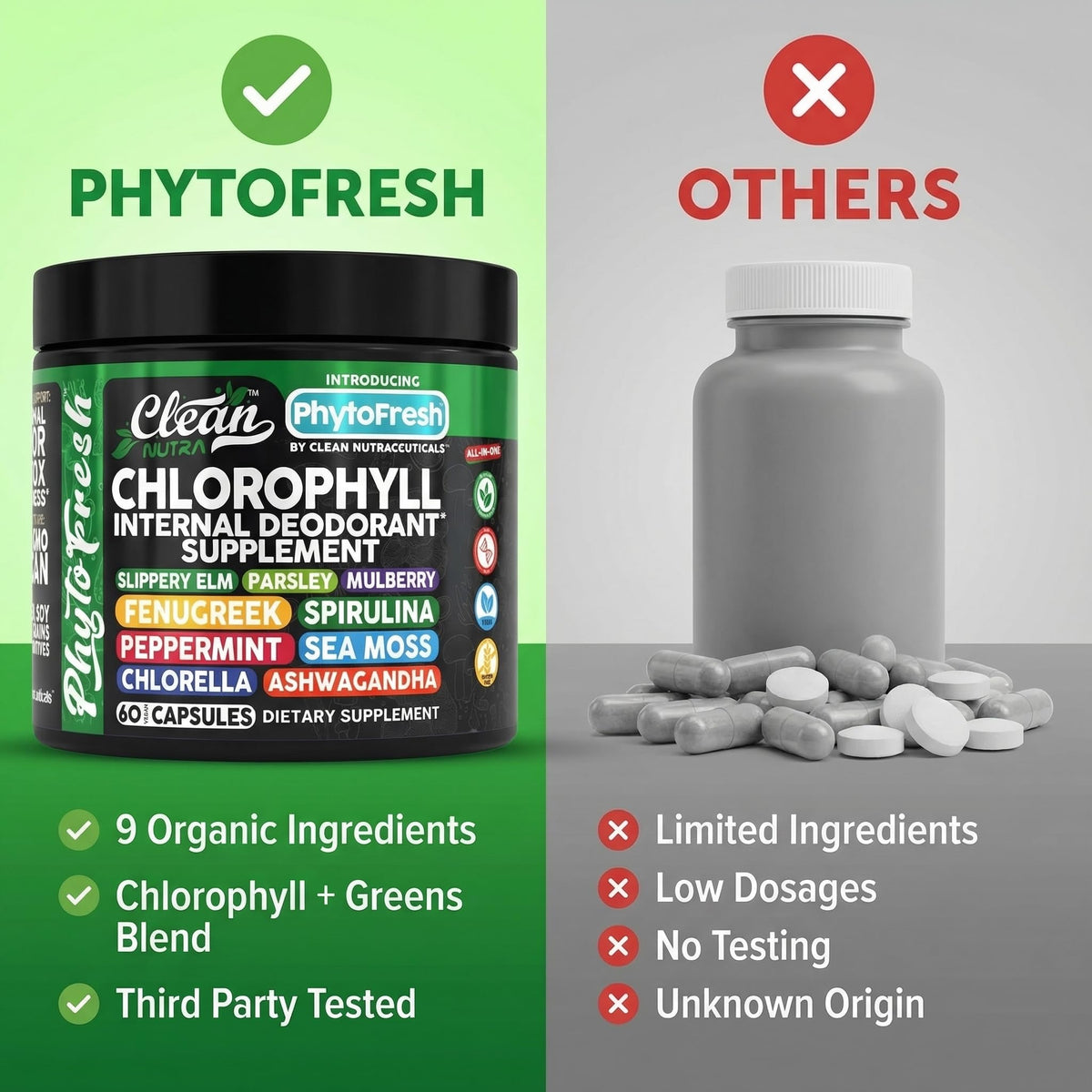 Clean Nutra Chlorophyll Capsules Supplement Internal Deodorant Peppermint, Sea Moss, Parsley, Chlorella, Spirulina, Slippery Elm, Ashwagandha, PhytoFresh Greens Detox Pills Clean NutraceuticalsBuy Supplements Australia