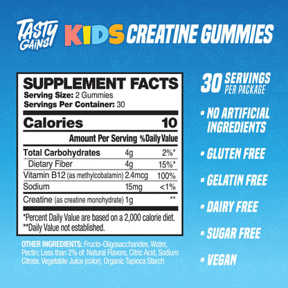 TASTY GAINS Kids & Teen Creatine Gummies with Vitamin B12 for Growth Support, Easy Chew Daily Supplement, Gummy Vitamins for Kids and Teens, Ages 5+ TASTY GAINS buy supplements Au