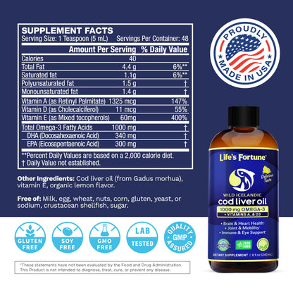 Life's Fortune Cod Liver Oil Liquid Lemon Flavor Organic Supplement with DHA, EPA 1000 mg High Potency Omega-3s + Vitamin A, E & D3 - Supports Immune, Joints, Eyes, 16 Fl Oz (Pack of 1)
