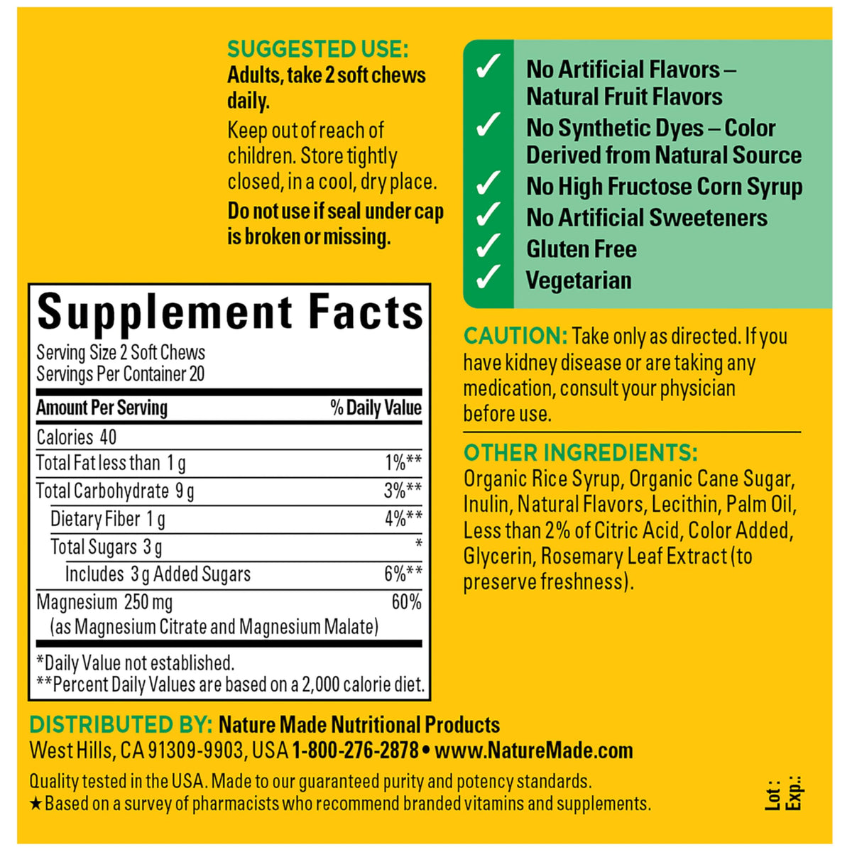 Nature Made High Absorption Magnesium Complex Soft Chews, Magnesium Supplement for Muscle, Heart, Bone Support, Magnesium Citrate & Malate Blend 250 mg per Serving, 40 Vegetarian Chews, 20 Day Supply Nature Made buy supplements Au