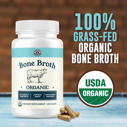 Grass-Fed Bone Broth Capsules with Collagen from Organic Bone Broth Powder. Collagen Supplement for Nails, Hair, Joints and Digestive Health* Support. Gut Friendly-Ingredients, 180 Capsules