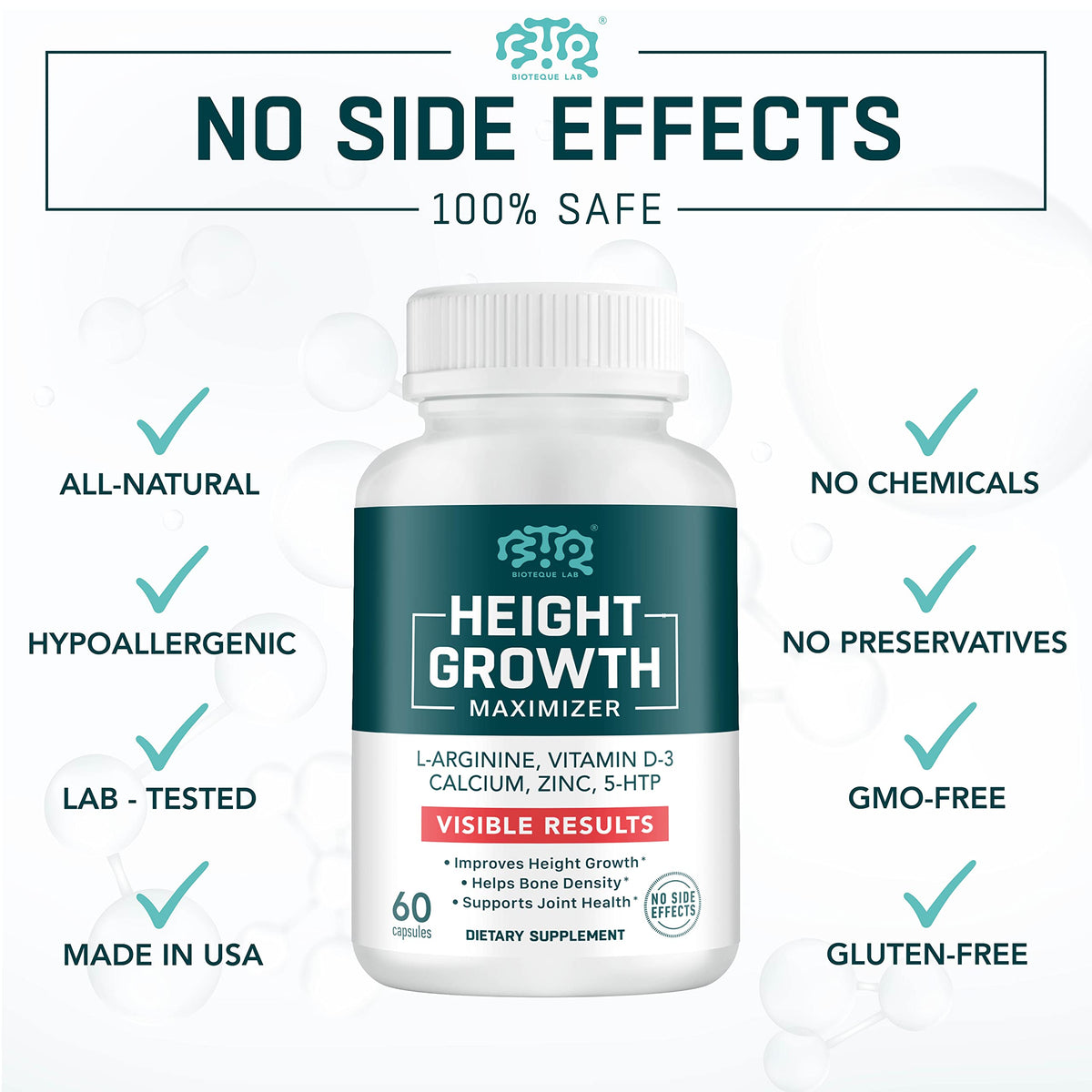 BIOTEQUELAB Height Growth Maximizer, Calcium, Vitamin D3 and Zinc Blend Pills, Bone Growth Supplement for Kids and Teens, Bone Strength, Density Support, GMO-Free, Gluten-Free, Made in USA, 60 Caps BTQ BIOTEQUE LABBuy Supplements Australia