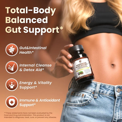 Wormwood Black Walnut Cleanse for Human 1200mg - Gut Health Supplement | Plus Pumpkin Seed Oil,Clove,Activated Charcoal for Daily Digestive Balance - Men & Women Probiotic Capsules -Vegan, 60 Count