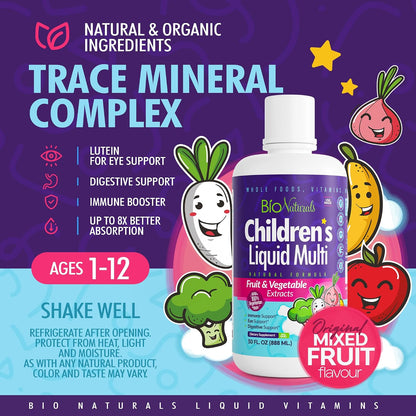 Children's Liquid Multivitamin & Immune Booster - Natural Supplement for Kids & Toddlers with Vitamins A B C D3 E, Fiber, Fruits & Vegetables - No Gluten, Sugar, Dairy, Soy - 30 oz