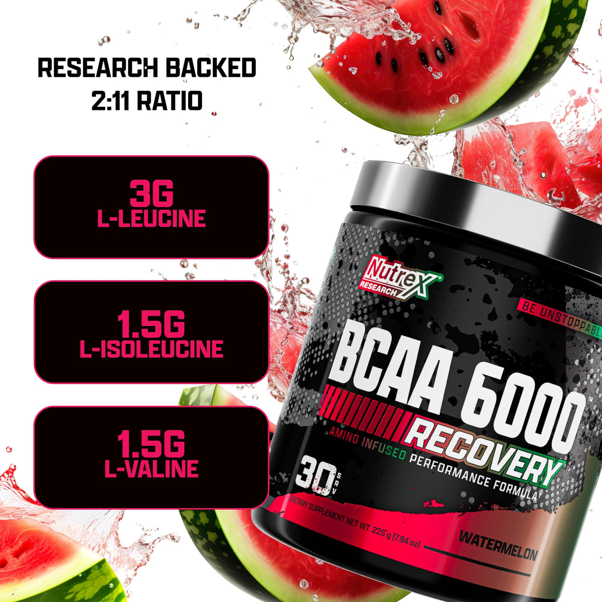 Nutrex Research - BCAA Powder 6000 Amino Acid - 6 Grams of BCAAs Amino Acids Supplement for Post Workout Recovery & Muscle Growth - Amino Energy Workout Recovery Drink (Watermelon - 30 Servings)