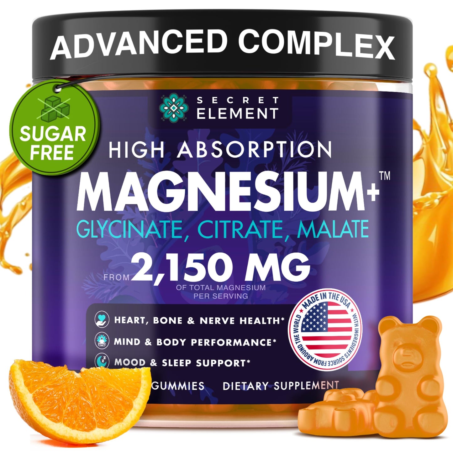 Secret Element Magnesium Glycinate 2150MG Gummies for Women and Men, High Absorption Magnesium Glycinate, Citrate, Malate Gummies for Adults & Kids, Sleep Support