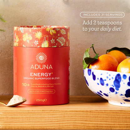 Aduna Organic Energy Superfood Blend | 100% Natural Stir-in Blend With 10+ Superfoods for Natural Energy, Focus & Reduced Tiredness | Vegan Powder for Yogurt, Juices, & Smoothies | 250g Aduna buy supplements Au