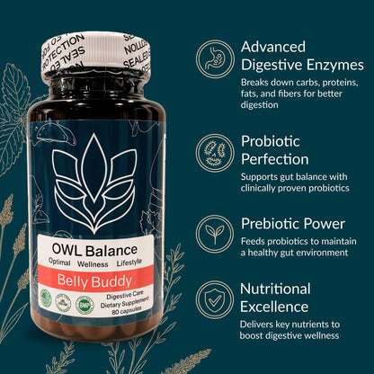 Belly Buddy Advanced Gut Health Support containing a helthy Blend of Probiotics, Prebiotics, and Digestive Enzymes OWL Balance buy supplements Au