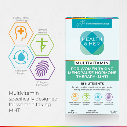 Health & Her Multivitamin for Women Taking Menopause Hormone Therapy (MHT/HRT) - Supplements for Women - Nutrition and Wellbeing Support - 1 Month Supply, 60 Tablets - Vegan & Gluten Free Health and Her buy supplements Au