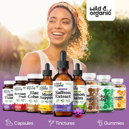 Wild & Organic Saffron Supplements 88.5 mg - Mood, Brain & Vision Support - Liquid Saffron Drops - Add to Tea - Crocus Sativus Herb Extract - Vegan, Sugar & Alcohol-Free Tincture - 2 fl oz