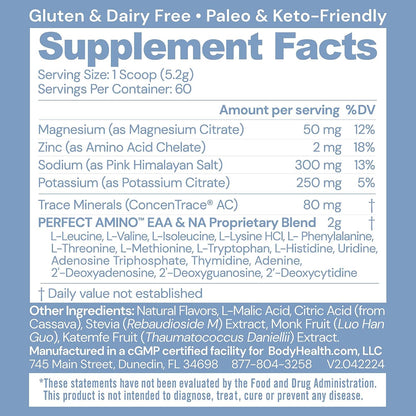 BodyHealth PerfectAmino Electrolytes Powder No Sugar, Keto Sugar Free Fasting Electrolytes Drink Mix, Hydration Powder with Trace Minerals - Watermelon - 60 Servings