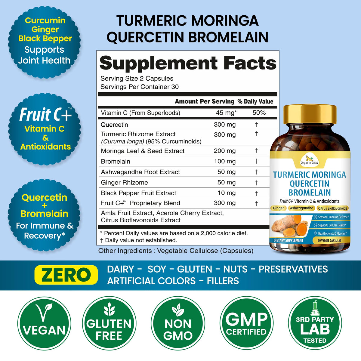 Organic Veda Turmeric Moringa Quercetin with Bromelain Capsules - Fruit C+ Vitamin C Antioxidants Immune System & Respiratory Supplement - Ashwagandha, Ginger, Citrus Bioflavonoids, 60 Vegan Capsule Organic VedaBuy Supplements Australia