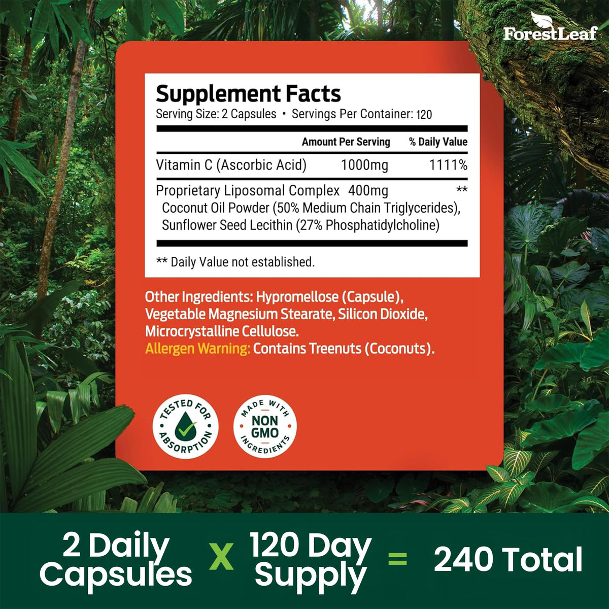 ForestLeaf Liposomal Vitamin C 1400mg Capsules | High Dose Vitamin C Liposomal Supplement w Coconut Oil Fatty Acids | Fast Absorption | Immune Support, Antioxidant, Collagen Production | 120 Vegan Cap