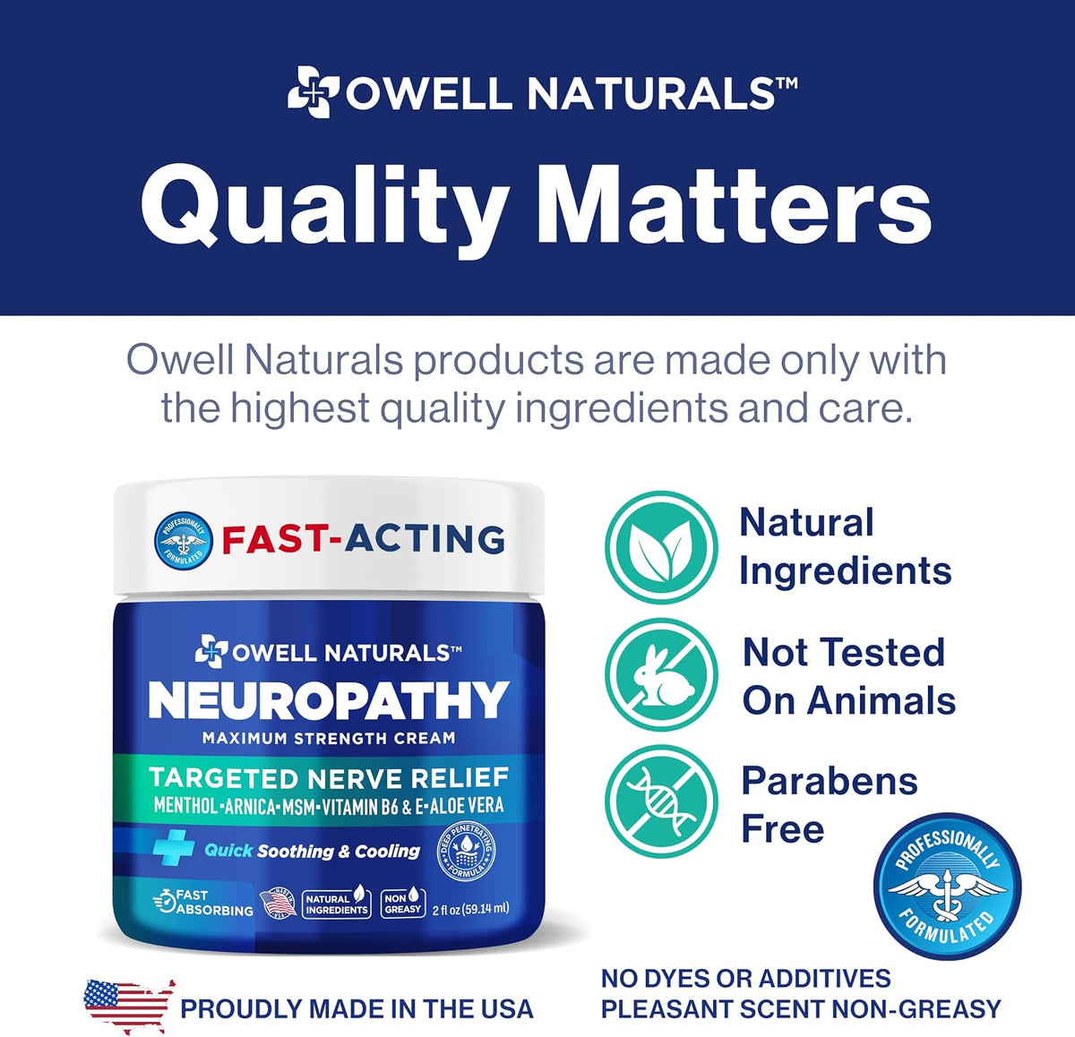 Supplement Product​Owell Naturals Neuropathy Cream Extra Strength – Fast Absorbing Cooling for Leg, Feet & Hands – Advanced Soothing Formula with Aloe Vera, Arnica, MSM & Vitamin B6 – Made in USA, 2 fl oz - GlowUpCaUSA