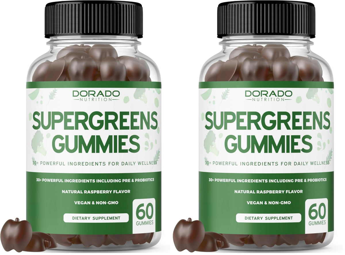 Two bottles of Dorado Naturals Supergreens Gummies on a white background