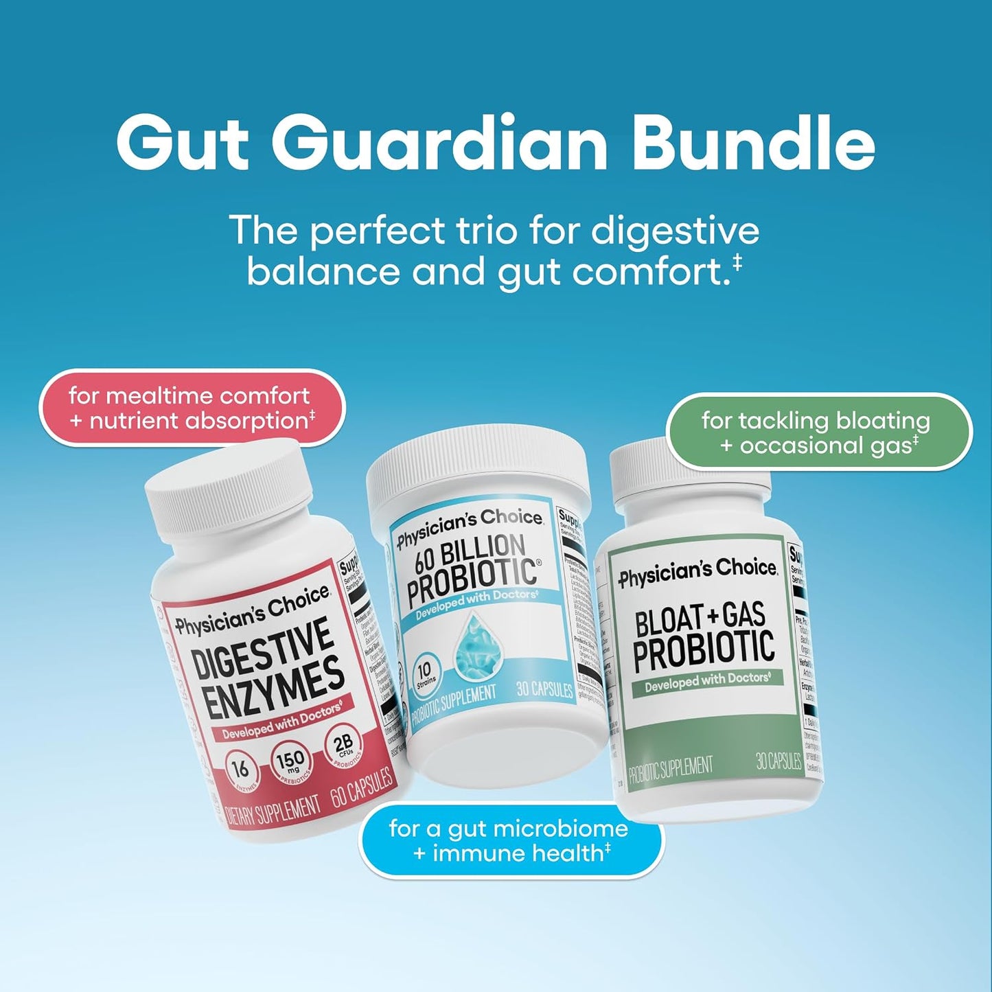 Physician's CHOICE Gut Guardian Bundle: Advanced Bloating & Digestion Support with 60 Billion Probiotic, Digestive Enzymes & Bloat + Gas Probiotic - Daily Gut Health Support for Women and Men