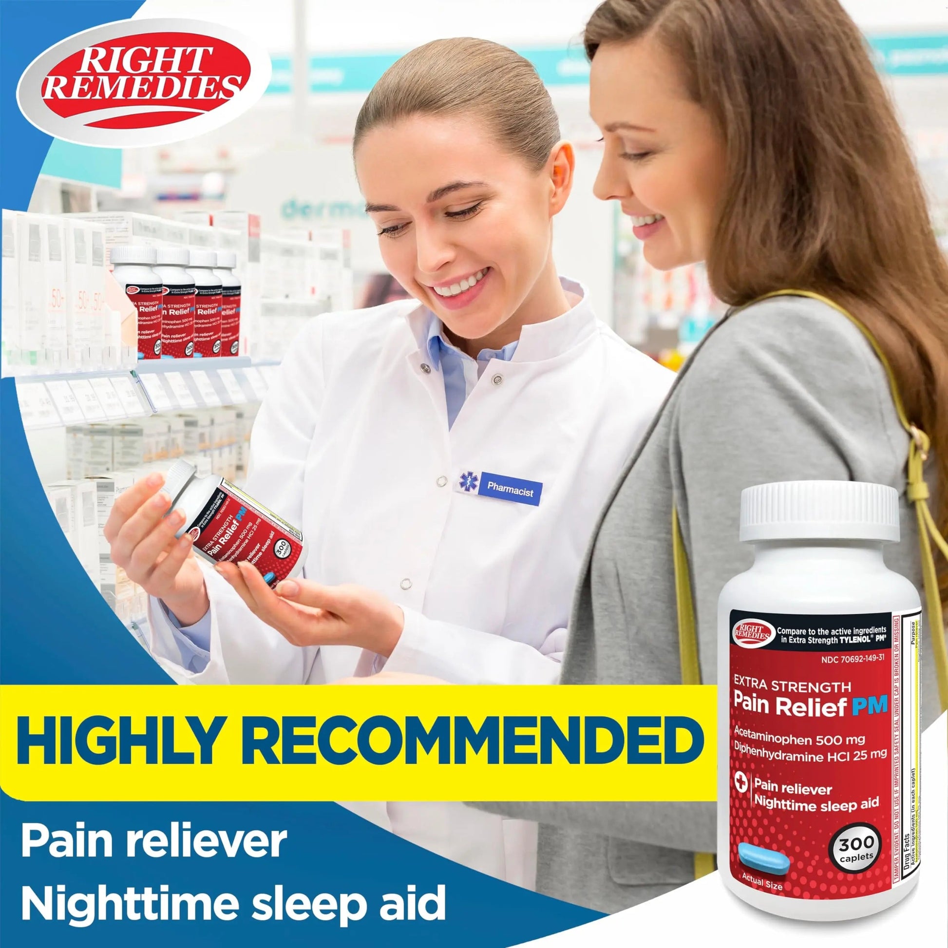 Right Remedies Extra Strength Pain Relief PM & Nighttime Sleep Aid Caplets,(300 count), Acetaminophen 500 mg & Diphenhydramine HCl 25 mg, Non-Habit Forming, Compare to Active ingredients of Tylenol PM RIGHT REMEDIESBuy Supplements Australia